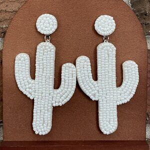 Beaded Saguaro Cactus Earrings - White